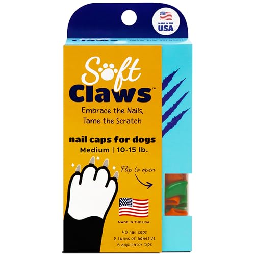 Image of Soft Claws Dog Nail Caps, 40 Medium Nail Caps, Made in USA - Vet Developed, Safe & Non-Toxic Easy to Apply Claw Covers | Protects Furniture & Skin, Green and Orange