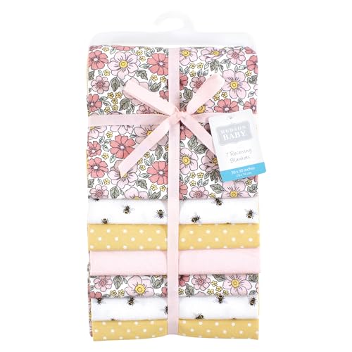 Image of Little Treasure Hudson Baby Cotton Poly Flannel Receiving Blankets Multipack, Pink Yellow Pretty Florals, 30x30 inches