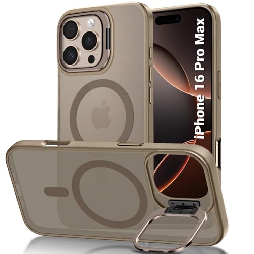 Image of TheGiftKart Hybrid Matte Frosted Back Cover Case for iPhone 16 Pro Max Compatible with MagSafe | Built-in Stand | Shockproof Hard Back Cover Case for iPhone 16 Pro Max (PC & TPU, Desert Titanium)
