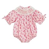 Lamuusaa Toddler Baby Girl Birthday Outfit Smocked Birthday Girl Embroidery Romper Bow Print Bodysuit Summer Outfit (Pink, 12-18 Months)