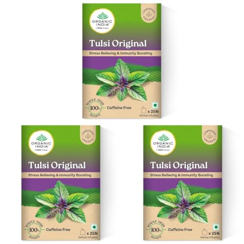 Image of A TATA Product - Organic India Tulsi Original - 25 Tea Bags, Caffeine-Free Herbal Tea with Tulsi, Natural Detoxifier, Rich in Antioxidants, Convenient Staple-Free Bag (Pack of 3)