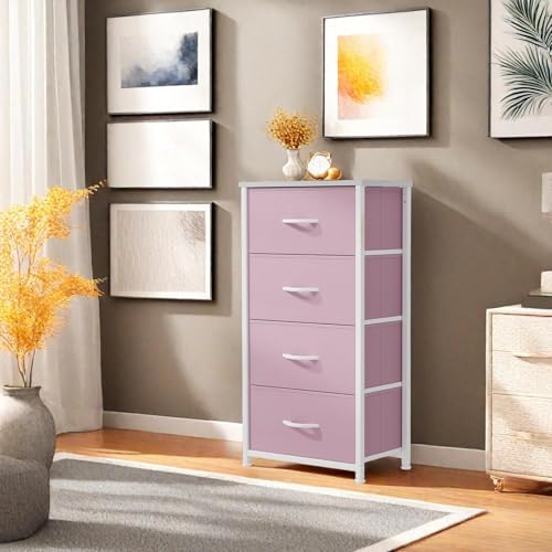 GOOBED Storage Drawer with 4 Drawers - Fabric Dressers, Dresser for Room, Living Room, Closets - Sturdy Steel Frame, Wooden Top & Easy Pull Fabric Bins, Pink