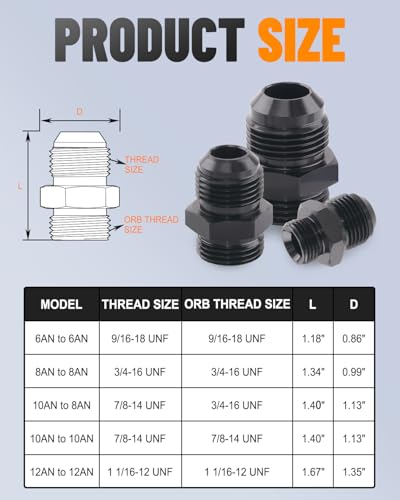 image for Taiidaues 6 PCS 10AN Flare to 8AN ORB Male O-ring Boss Fuel Rail Adapt