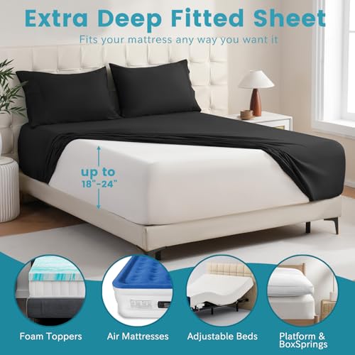 Bedlifes California King Sheet Set, Extra Deep Pocket 18-24 Inches, 1000Thread Count 100% Egyptian Cotton, Soft and Breathable 4-Piece,Black