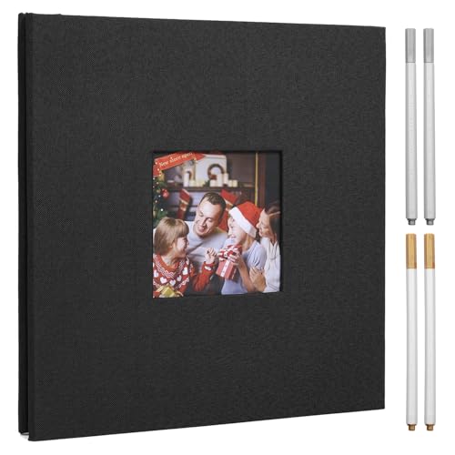 80 Pages Photo Album Self Adhesive, Diy Linen Scrapbook Album for 4×6 5×7 8×10 Inch Diy Scrapbook with 4 Metal Pens for Baby's Growth Record, Wedding Scrapbook, Graduation Guestbook, Etc.(Black)