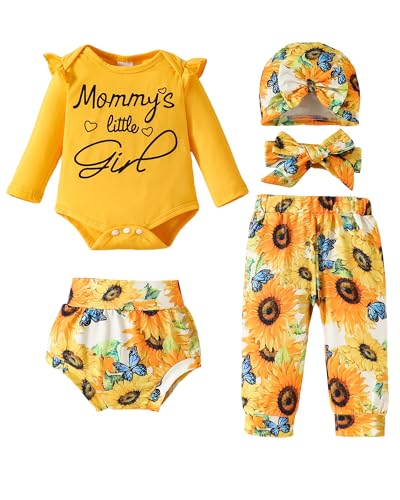 Image of SUNNY PIGGY Baby Girl Clothes Infant Newborn Girls Outfits Romper with Headband Hat Pants Shorts Set 5Pcs