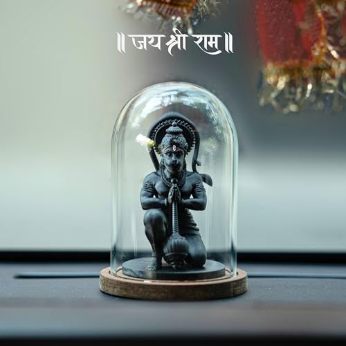 Image of Resin Black Hanuman Murti for Car Dashboard | Lord Hanuman Idol in Glass Case | Meditation Dhyan Mudra Statue for Home Decor, Pooja, Office & Festival Gifting