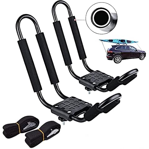 MYOYAY 2Pcs Kayak Roof Rack J Bars Rack Kayak Carrier Heavy Duty Kayak Canoe Boat Surf Ski Bike Carrier Rack Storage Stand Folding Canoe Rooftop Rack Top Mounted with 4 Straps for Car SUV Crossbar Cover