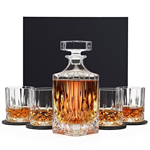 Mixology & Craft Luxury Whiskey Decanter Gift Set - 25oz Crystal Decanter, 4 Old-Fashioned Glasses, 4 Slate Coasters with Diamond Pattern Premium Black Gift Box
