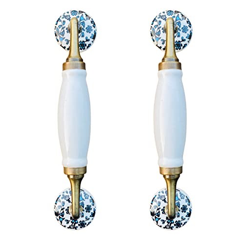 Image of Maison Belle- Art & Craft Ceramic Door Handle Gold Antique Finish - (Size 8.5 Inch) - Hole to Hole 6.5 INCH (Pack of 1) (White Plain 8.5 INCH - Blue Flower KNOBS)