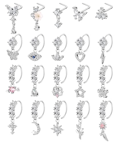 20Pcs 20G 316L Stainless Steel Dangle Nose Ring for Women Men L Shaped Dangling Nose Stud Cute Heart Moon Star Nose Hoop Set CZ Flower Leaf Butterfly Dangle Nose Piercing Jewelry