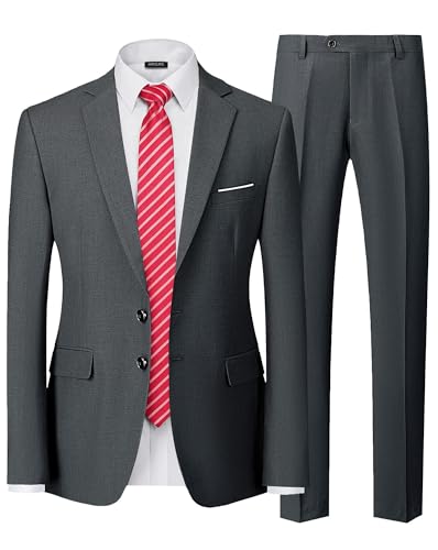 MrSure Men's 2 Piece Slim Fit Suit with Two-Button, Solid Stretch Jacket Pants & Tie Set.