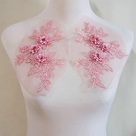 2 Pcs Colored 3D Flower Lace Applique Embroidered Material Trim for DIY Wedding Dress Veil Accessories (Bean Paste Powder) Cover