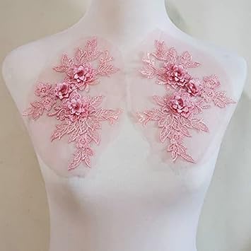 2 Pcs Colored 3D Flower Lace Applique Embroidered Material Trim for DIY Wedding Dress Veil Accessories Bean Paste Powder
