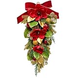 Lnymura Lighted Christmas Teardrop Wreath Xmas Floral Teardrop Swags with Timer Red Magnolias Glitter Ball Ornament Red Bow Holiday Winter Decorations for Door Wall Mantel