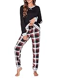 UNibelle Damen Schlafanzug Winter Zweiteiliger Hausanzug Nachtwäsche Langarm Pyjama Set Sleepwear Schwarz XXL