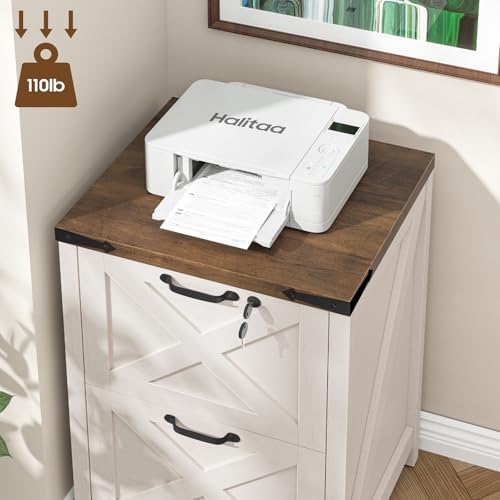 Halitaa 2 Drawer Small File Cabinet with Lock, Farmhouse Vertical Filing Cabinet Fits Letter and A4 Size, Under Desk Wooden File Cabinets for Home Office, Printer Stand, Rustic White - Thumbnail 5