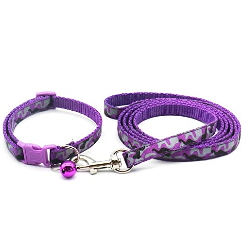 Small Dog Puppy Pet Collar and Lead Set Camo Camouflage Design Nylon Adjustable Size 19-32cm Collar with Bell and 120cm Leash Purple - Image 2
