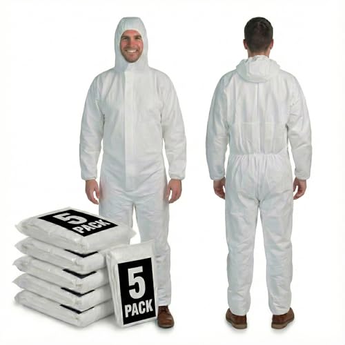 PENTAGON SAFETY EQUIPMENT 5-Pack Protective Coveralls with Hood Breathable 3-Layer PTFE Suit for Industrial Use (5 Pack, Large)