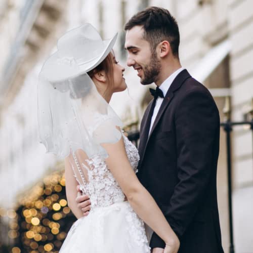 4E's Novelty Bride Cowgirl Hat With Veil & Sash - Women White Cowboy Hat Bachelorette Party, Bridal Shower Dress Up #TOP4