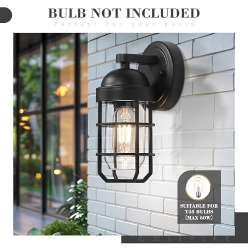Image of Emliviar Modern Outdoor Wall Light for House Porches, Solid Classic Metal Cage, Retro Charm Exterior Wall Light, Clear Tempered Glass, Black Finish, GE255B BK