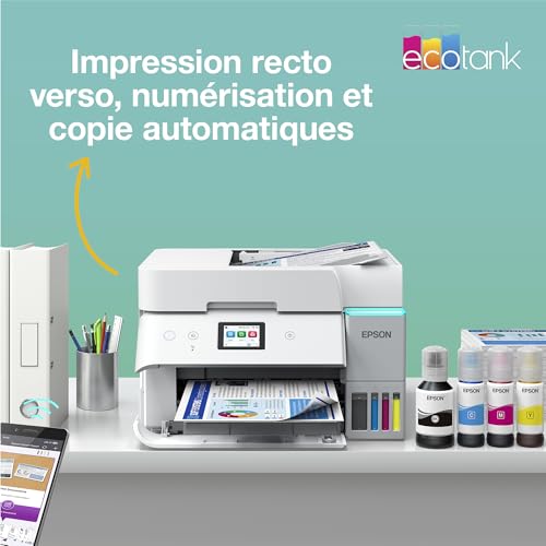 Epson Solution d’impression A4 blanche EcoTank ET-4956 avec Wi-Fi, réservoirs d’encre AirPrint, chargeur de documents, impression, numérisation, copie et fax recto verso + jusqu’à 3 ans d’encre inclus