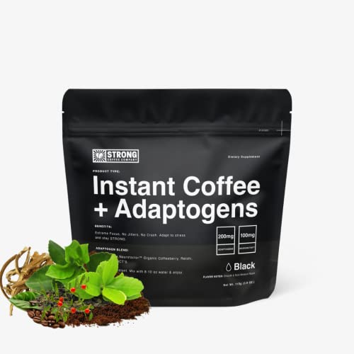 BLACK. Instant organic coffee with adaptogens. No Crash No jitters. Stress less. Brain Health. Hot or Cold. L-Theanine, Ashwagandha. 25 Servings