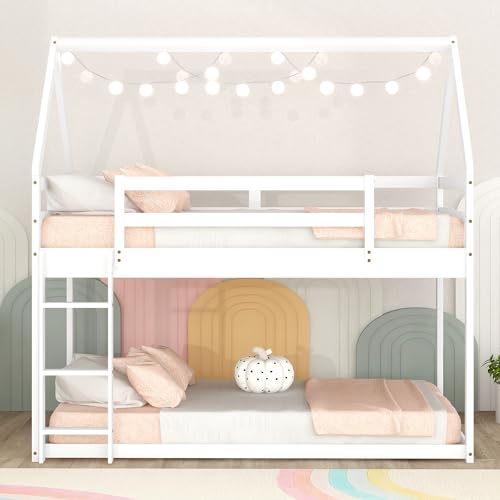 Bellemave Twin Over Twin House Bunk Bed for Kids,Floor Low Bunk Beds with Ladder and Guardrails,Solid Wood Twin Size Bunk Bed for Girls Boys,Twin Over Twin,White