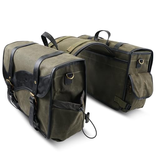NICECNC Motorcycle Saddle Bags, Vintage Oil Waxed Canvas Motorcycle Saddlebags Panniers Side Throw Over Saddle Bags Compatible with Harley Adventure Street Glide (Green)