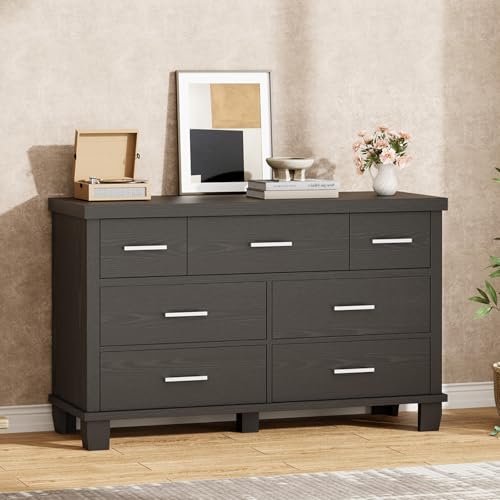 GarveeHome Black Dresser for Bedroom with 7 Drawers, 51" Wooden Dressers & Chests of Drawers with Metal Handles, TV Stand, Horizontal Dresser for Bedroom, Closet, Nursery, and Entryway
