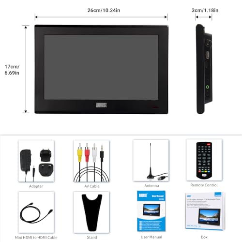 Miniatura 6 de August Da100d Tv Portátil Tdt 10 Pulgadas Led, Mini Televisión Digital Con Red, Batería O 12v, Dvb-T T2 Hdm Usb Jack 3.5, Tele Led Y Grabación, Salón Dormitorio Cocina Coche Camión Caravana - Negro