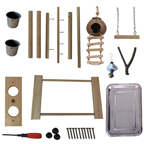 Hamiledyi Parrot Playground Bird Play Stand Natural Wood Parrot Perch Gym with Feeder Cups Cockatiel Nest with Ladder Lovebirds Cage Accessories Toy Exercise Activity Center for Cockatiel Lovebirds