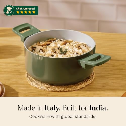 Image of Ember Cookware Arcilla Ceramic Dutch Oven 20 cm, 2.6L with Metallic Lid | 75% Less Oil Usage | Lightweight, Non Toxic Pot | ISI Certified | Ceramic Cookware | Biryani Pot | PFAS & PTFE Free | Green