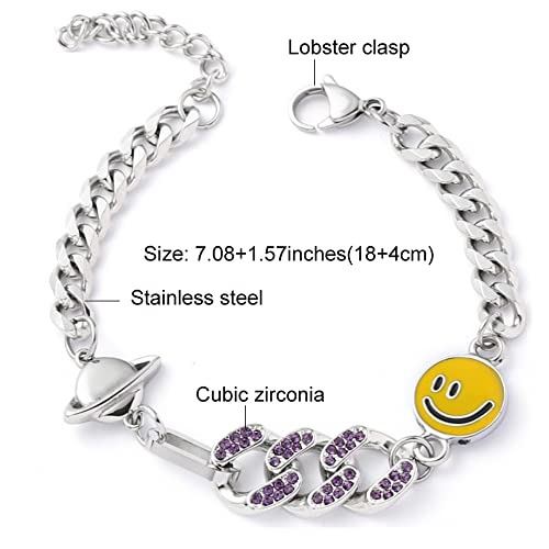 Injoehom Smiley Face Bracelet For Men Women Silver Planet Purple Cubic Zirconia Stainless Steel Punk Hip Hop Iced Out Cuban Link Chain Bracelet For Teens Eboy Egirl (Bracelet) #TOP5