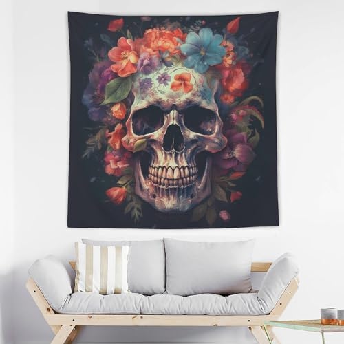 Tapisserie murale crâne et fleurs 152x152 cm pour décoration de chambre et salon