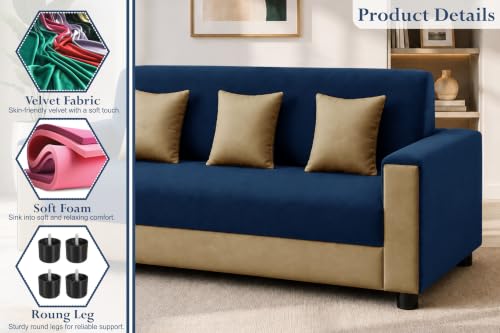 Image of 3 Seater Wooden Sofa | Velvet Fabric Couch with Cushions | Comfortable Living Room Sofa | Sturdy Wooden Frame | Home & Office Furniture | Blue & Beige