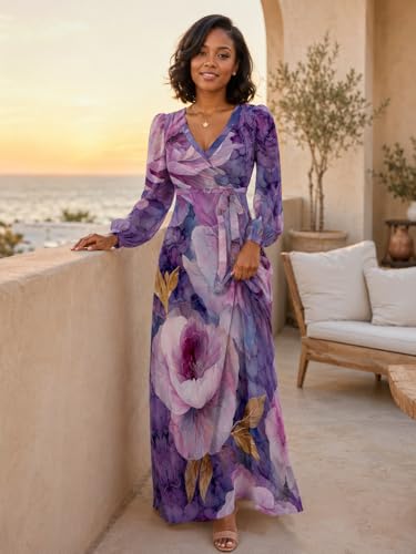 Image of PinkPatty Plus Size Dresses for Curvy Women V Neck Flowy Long Sleeves Wrap Maxi Dress Travel Vacation Outfits