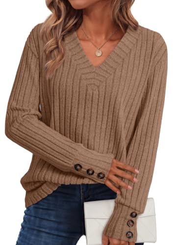 Image of Dokotoo Womens Tops V Neck Lightweight Sweater Fall Long Sleeve Top 2026 | Decorative Buttons, Soft Breathable Knit Material, Pullover Tunic Tops, Business Casual, Fall Outfits, Winter Clothing 2026
