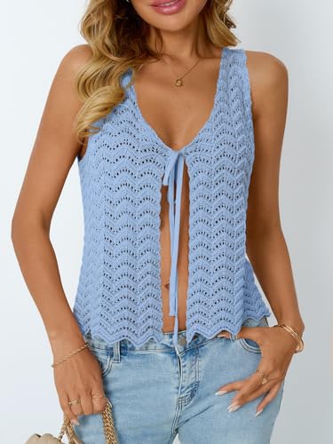 Image of LILLUSORY Crochet Tops for Women Summer Vacation Outfits Beach Coverup Going Out Tie Front Spring Sweater Vest 2026 Fashion