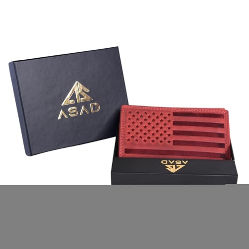 Image of ASAD Leather Slim Everyday Trifold Wallet with ID Window and Multiple Card Slots | Genuine Leather Double Stitched RFID Blocking Stylish | Gift for Him | Bordo Crazy Horse American Flag Design