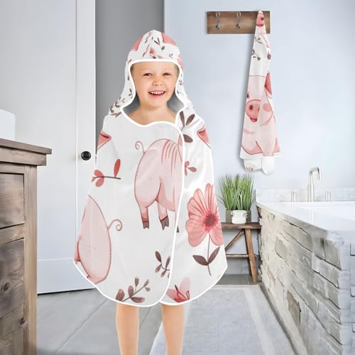 Image of Cute Pig Animal Hooded Beach Towel for Kids, Kids Bath Hooded Towels for Boys Girls, Super Soft Absorbent Bathrobe with Hood for Swin Pool 50 inchx23.5 inch