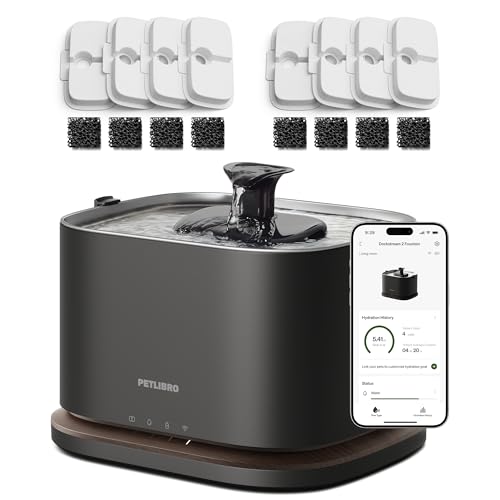 Image of PETLIBRO Upgrade Cordless Cat Water Fountain + 8 Packs Genuine Cat Fountain Filter Replacement, App Monitoring 3L /101oz Dockstream 2 Pet Water Fountain with Stainless Steel Tray, 4-Month Set Easy-Swap