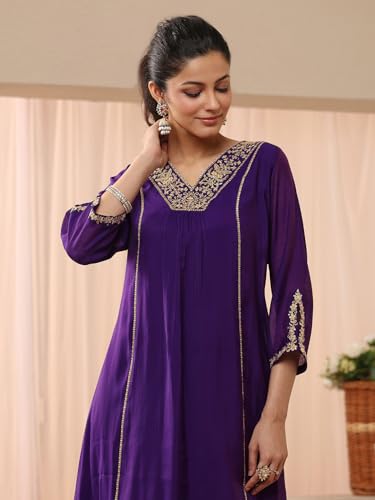 Image of Libas Embellished Silk Blend A Line Kurta With Trouser and Dupatta | ethnic wear | bridal suit | wedding dress | occasion wear