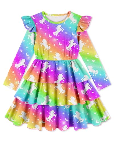 OlyPegic Toddler Fall Dress Toddler Long Sleeve Dress Girls Ruffle Tiered Swing A-Line Midi Dresses