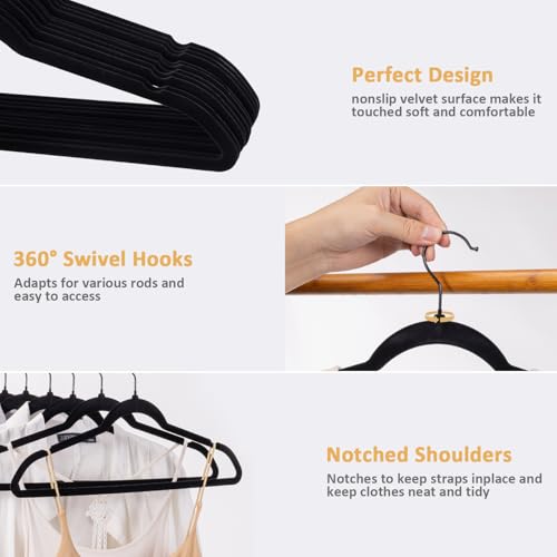 Pack of 30 Velvet Hangers, Space-Saving Heavy Duty Clothes Hangers for Suit, Non-Slip, 0.2 Inches Slim, 17.7 Inches Wide, 360° Swivel Black Hook - Black - Image 4