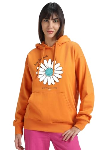 Image of JUNEBERRY Cotton Fleece Regular Fit Hooded Sweatshirt Lastest Back Graphic Printed Winter Hoodies for Women (Available in Colors: Black, SOYA Bean, Orange, Marshmellow, White & Lilac)