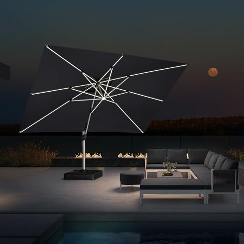 PURPLE LEAF Sonnenschirm 300 x 400 cm, LED Beleuchtung Ampelschirm Durchmesser, Groß 360° Rotation, Gartenschirm mit Kurbel, Marktschirm XXL, Sonnenschutz UV50+, Grau