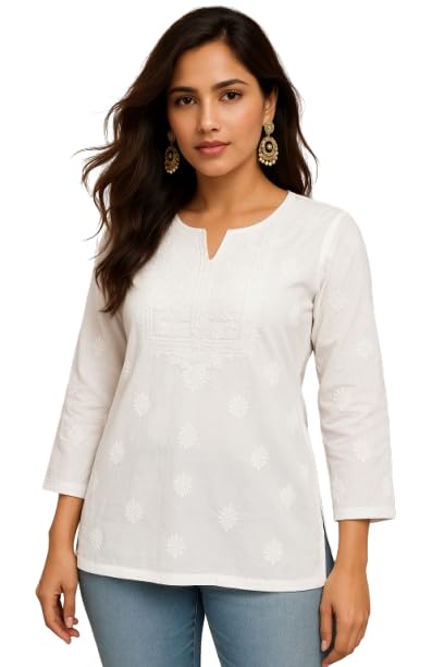 mrs right boutique selections - adding style to designs Lucknowi Chikankari Machine Embroidered Short Kurti Kurta Women Girls Regular fit White Length 30 inches-picture-27
