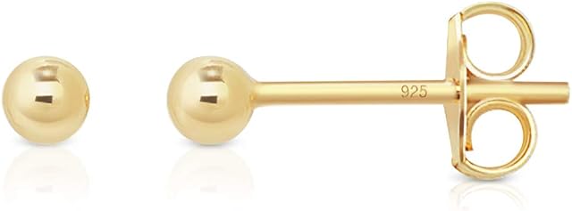 DTPsilver® 925 Sterling Silver Yellow Gold Plated Round Ball Studs Earrings - TINY/SMALL/MEDIUM/LARGE - Diameter: 2, 3, 4, 5, 6, 8, 10, 12 mm