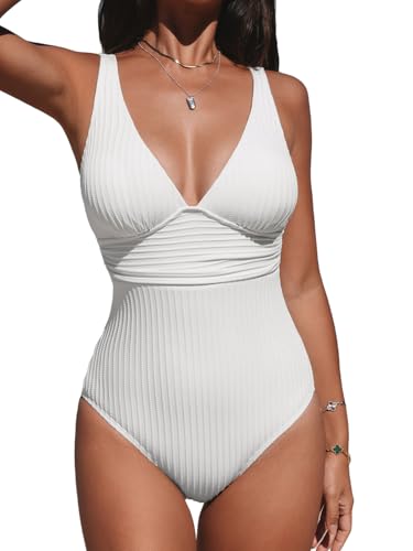 CUPSHE Women's One Piece Swimsuit Tummy Control Swimming Costume Wide Straps V Neck Ruched Textured Ribbed U Back White M